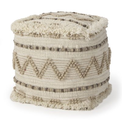 Caela Beige/Brown Wool, Cotton and Felt Popcorn Stitch Square Pouf