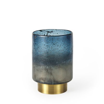 Caspian II Short Blue Glass Antiqued Brass Bottom Vase