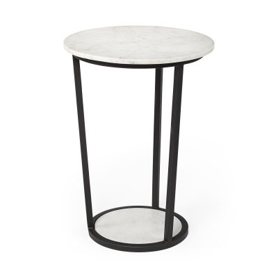 Bombola II (Large) 18L x 18W White Round Marble Top W/Black Metal Frame Accent Table