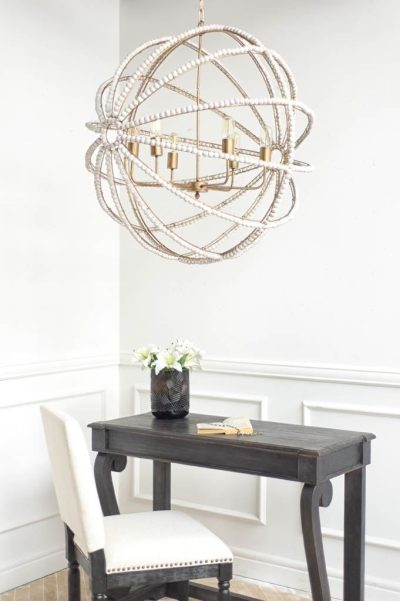 Alternative view of Ava White (34"D) Gold Metal and White Wood Beaded Six Bulb Chandelier
