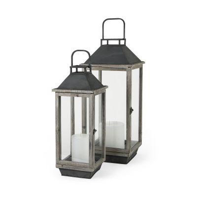 Keyrock Set of Two Brown Wood Metal Candle Holder Lanterns