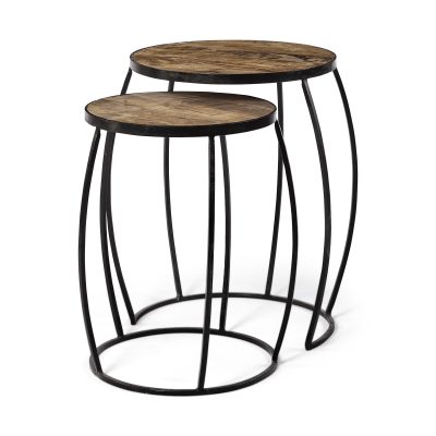 Clapp IV (Set of 2) 20L x 20W Brown Round Wood Top W/ Black Iron Frame Nesting Accent Tables