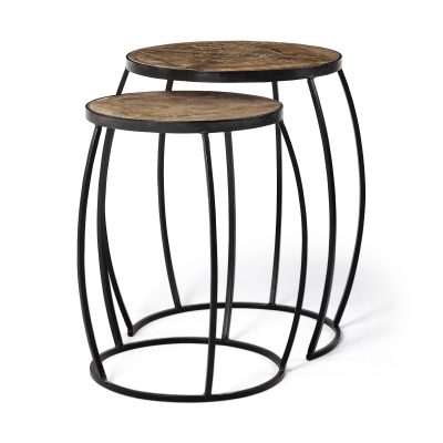 Clapp III (Set of 2) 20L x 20W Brown Round Wood Top W/ Black Metal Frame Nesting Accent Tables