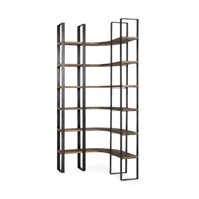 Turner II 37L x 10.5W x 90H Curved Dark Brown Wood And Black Iron Six Shelving Unit