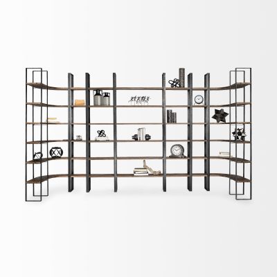 Alternative view of Turner II 37L x 10.5W x 90H Curved Dark Brown Wood And Black Iron Six Shelving Unit