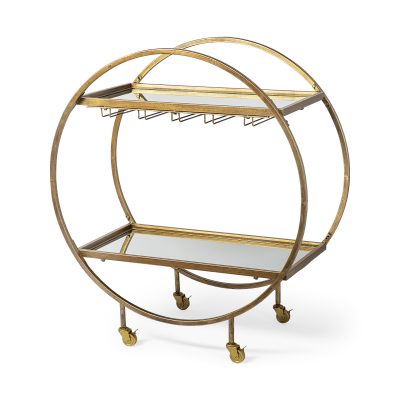 Carola Gold Frame Two-Tier Glass Shelves w/Stemware Holder Bar Cart