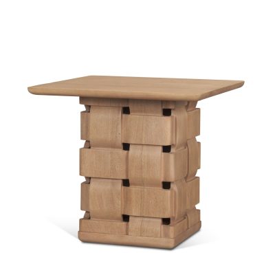 Trellyn Light Brown Wood w/ Carved Woven Base Square Accent Table