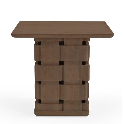 Trellyn Dark Brown Wood w/ Carved Woven Base Square Accent Table