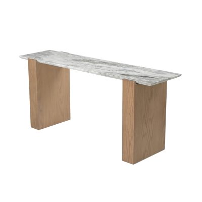 Milos Pink Marble Top w/ Light Brown Oak Wood Console Table