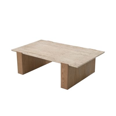 Milos Travertine Top w/ Light Brown Oak Wood Coffee Table