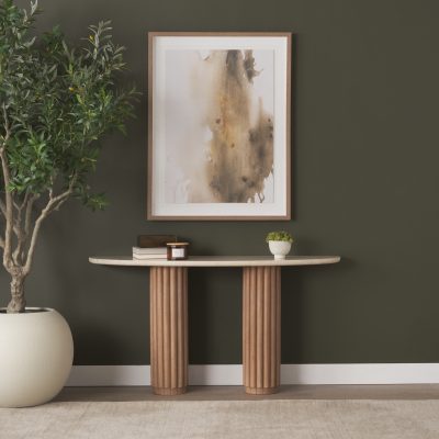 Alternative view of Marbrello Botticino Marble Top Light Brown Fluted Wood Half Moon Console Table